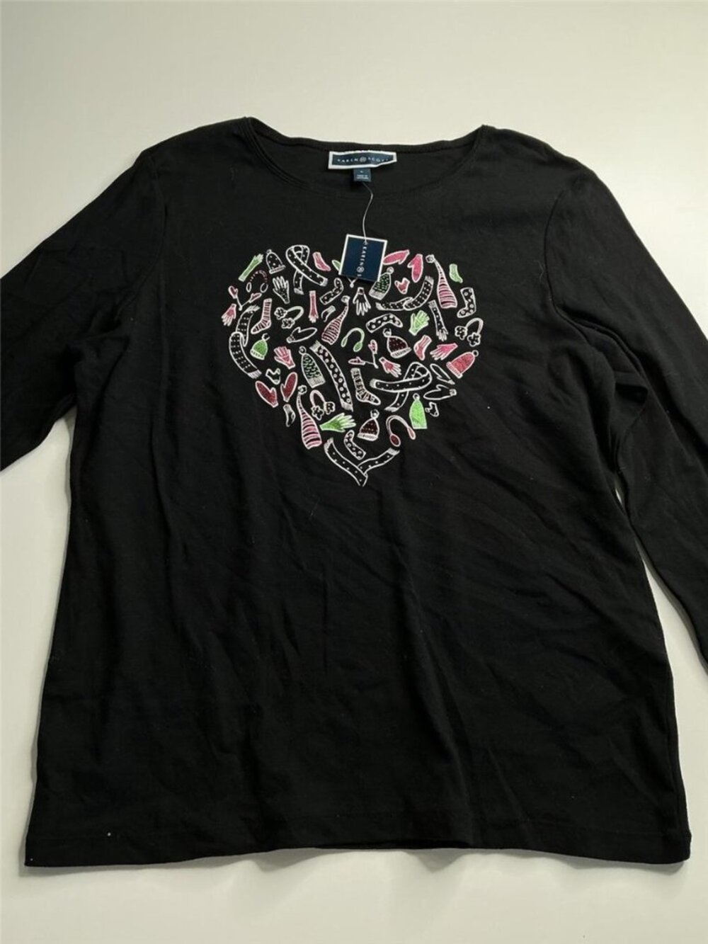 Karen Scott Christmas Shirt Women Black Whimsy Tee Long Sleeve Holiday Santa L